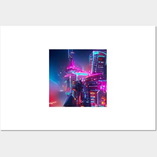 Futuristic Cyberpunk City with Neon Signs Posters and Art